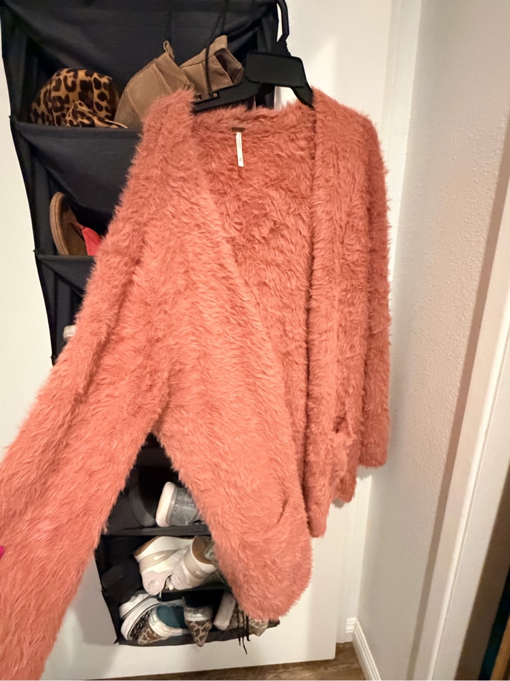 Free People Fuzzy Open-Front Cardigan in Dusty Rose